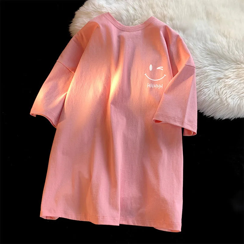 Men Women's Smiling Face Funny Fashion Couple Short Sleeved T-shirt American Basic Simple Oversized Loose Boys' Pullover Top