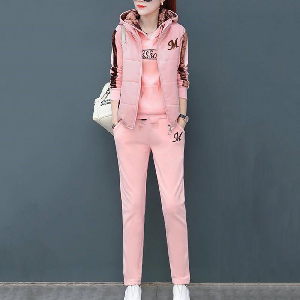 Fashion Warm Three Piece Set Women Outfit 2022 Fall Winter Thicken Tracksuit Casual Waistcoat + Hoodies + Pant Female Sweat Suit