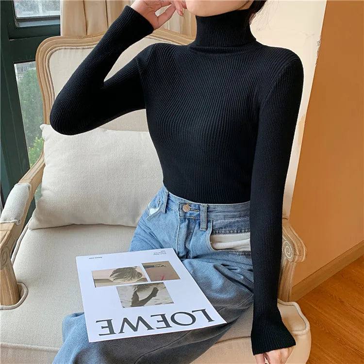 2024 Autumn Winter Women Long Sleeve Knitted Foldover Turtleneck Ribbed Pull Sweater Soft Warm Femme Jumper Pullover Clothes