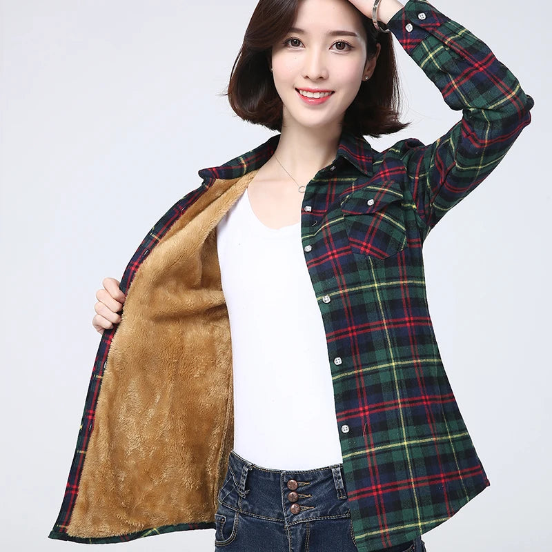 2023 Winter New Plus Thick Women's Warm Plaid Shirt Coat Lady Casual Fleece Velvet Jacket Tops Hot Women Clothes Outerwear