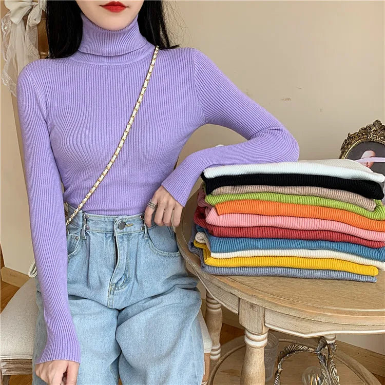 2024 Autumn Winter Women Long Sleeve Knitted Foldover Turtleneck Ribbed Pull Sweater Soft Warm Femme Jumper Pullover Clothes