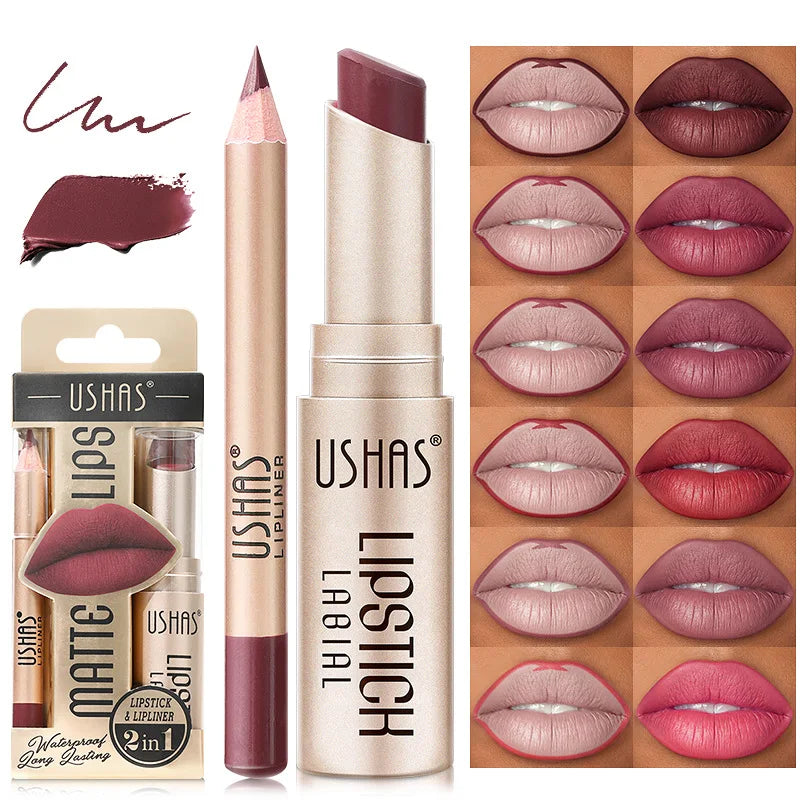 USHAS 12-Color Matte Lipstick & Liner Set - Long-Lasting, Waterproof, Non-Stick