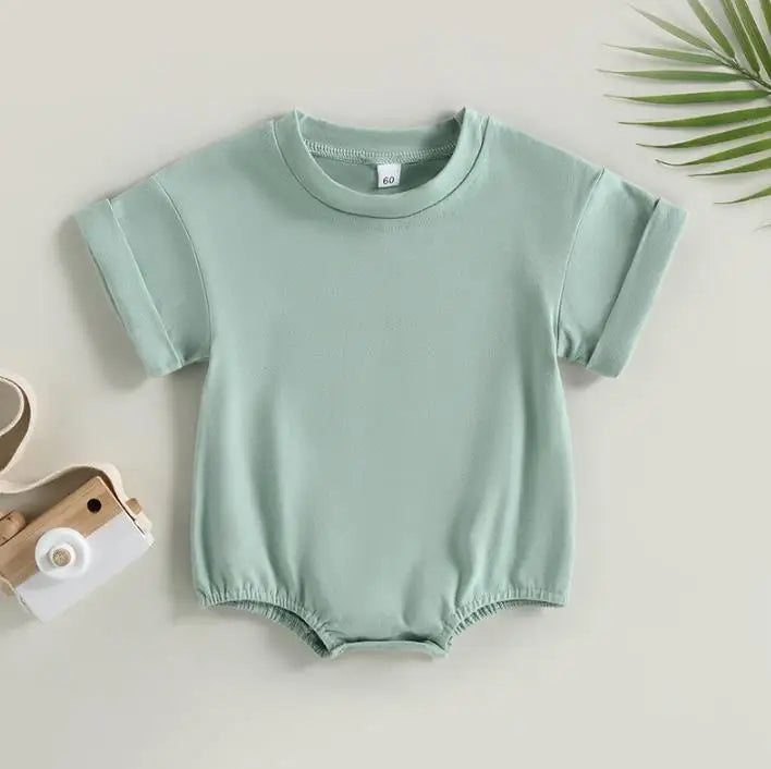 Unisex Baby Boy Girl Solid Color Short Sleeve Bubble Romper Oversized T-Shirt Bodysuit Top Summer Baby Jumpsuits Clothes