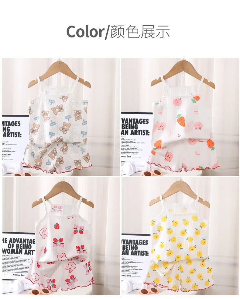 2024 New Kids Tops+shorts Set Summer Thin Baby Cotton Vest Sleeveless Loungewear Set for Girls Suit