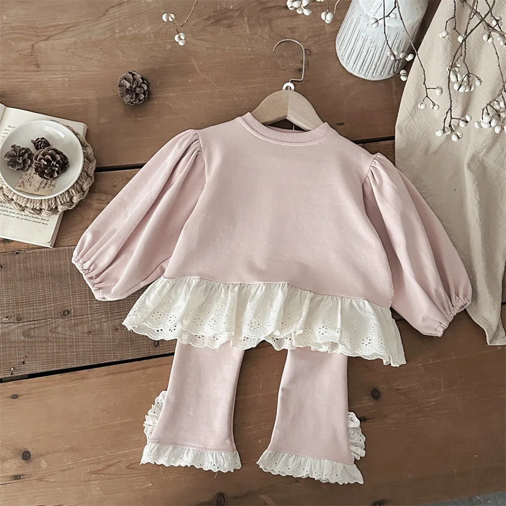 2025 Spring New Baby Long Sleeve Clothes Set Infant Girls Solid Lace Sweatshirt + Flared Pants 2pcs Suit Toddler Casual Outfits