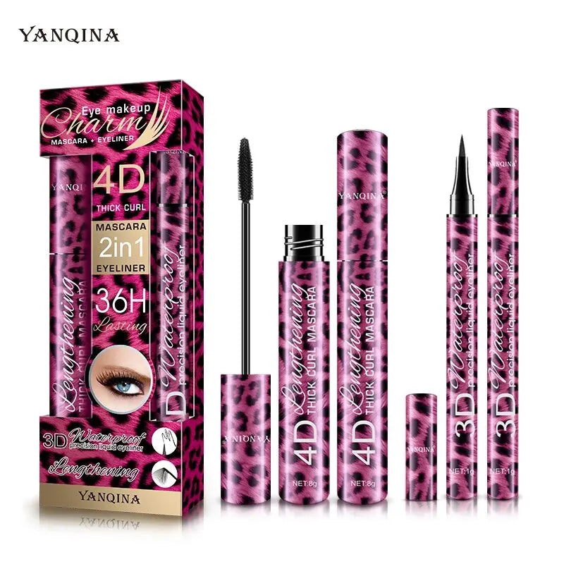 YANQINA 4D Waterproof Eyeliner & Mascara Set - Thick Curl, Eyebrow Pencil Makeup