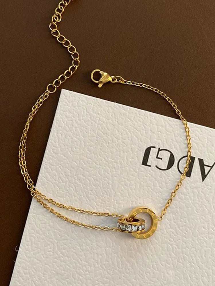 Luxury Gold Plated Stainless Steel Dazzling Zircon Bracelet for Women Girls Roman Number Design Fashion Charm Party Jewelry Gift