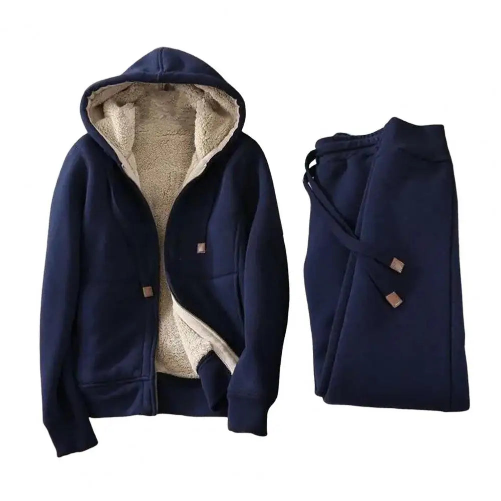 2-piece Sets Winter Thicken Fleece Sweatshirts Hoodies Women Two-piece Suit Casual Sports Sets Female Short Coat Straight Pants