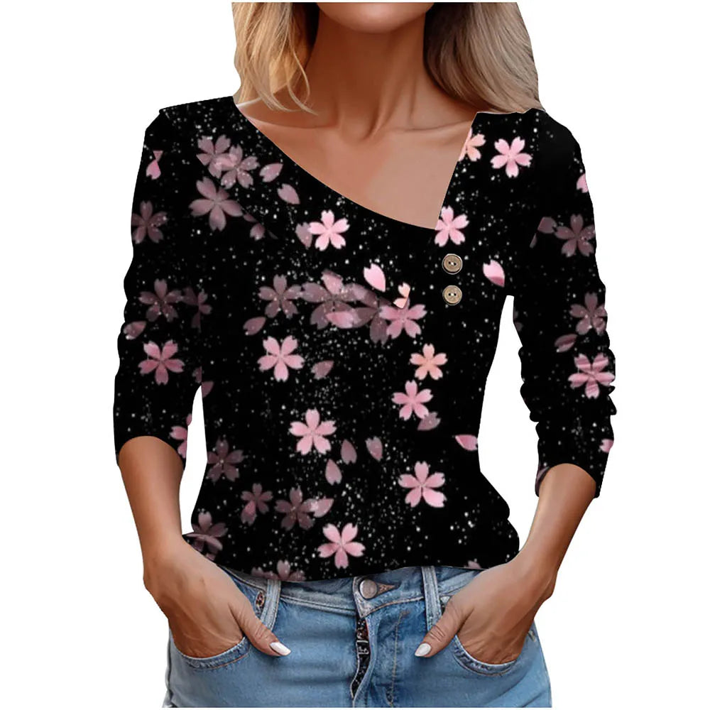 T Shirt For Women Fashion Long Sleeve Top White Floral Print Shirts And Blouses Autumn Winter Clothes For Women