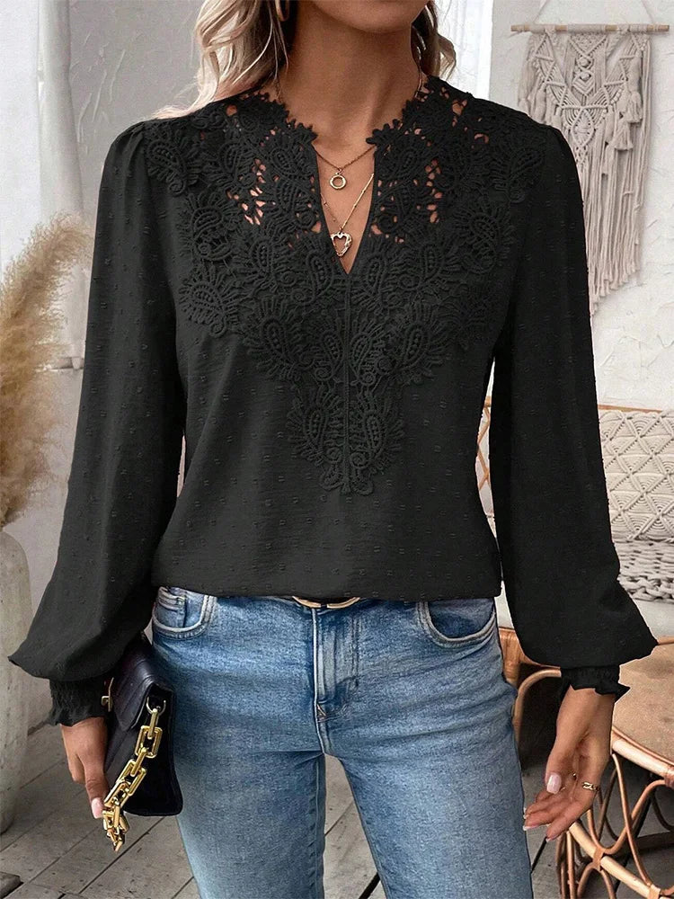 Luxury Lace Hollowed V-Neck Shirt Women Solid Color Long Sleeve Top Office Lady Elegant Daily Blouse