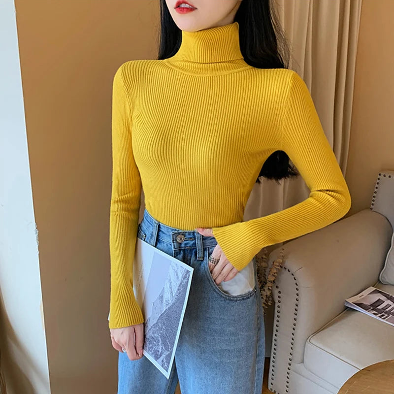 2024 Autumn Winter Women Long Sleeve Knitted Foldover Turtleneck Ribbed Pull Sweater Soft Warm Femme Jumper Pullover Clothes