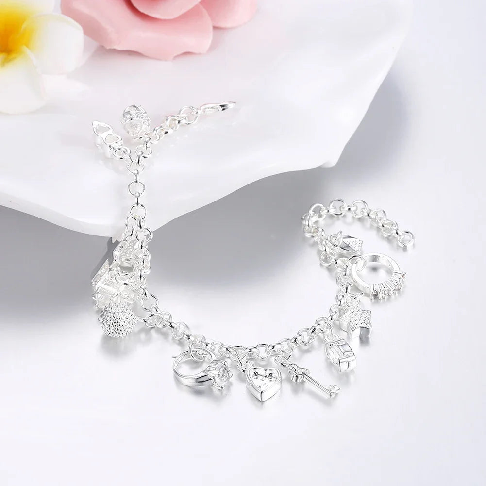 Fashion 925 Sterling Silver Bracelet for Woman Pretty Heart Zircon Pendant Chain Wedding Party Gifts Classic Jewelry 20CM 8inch