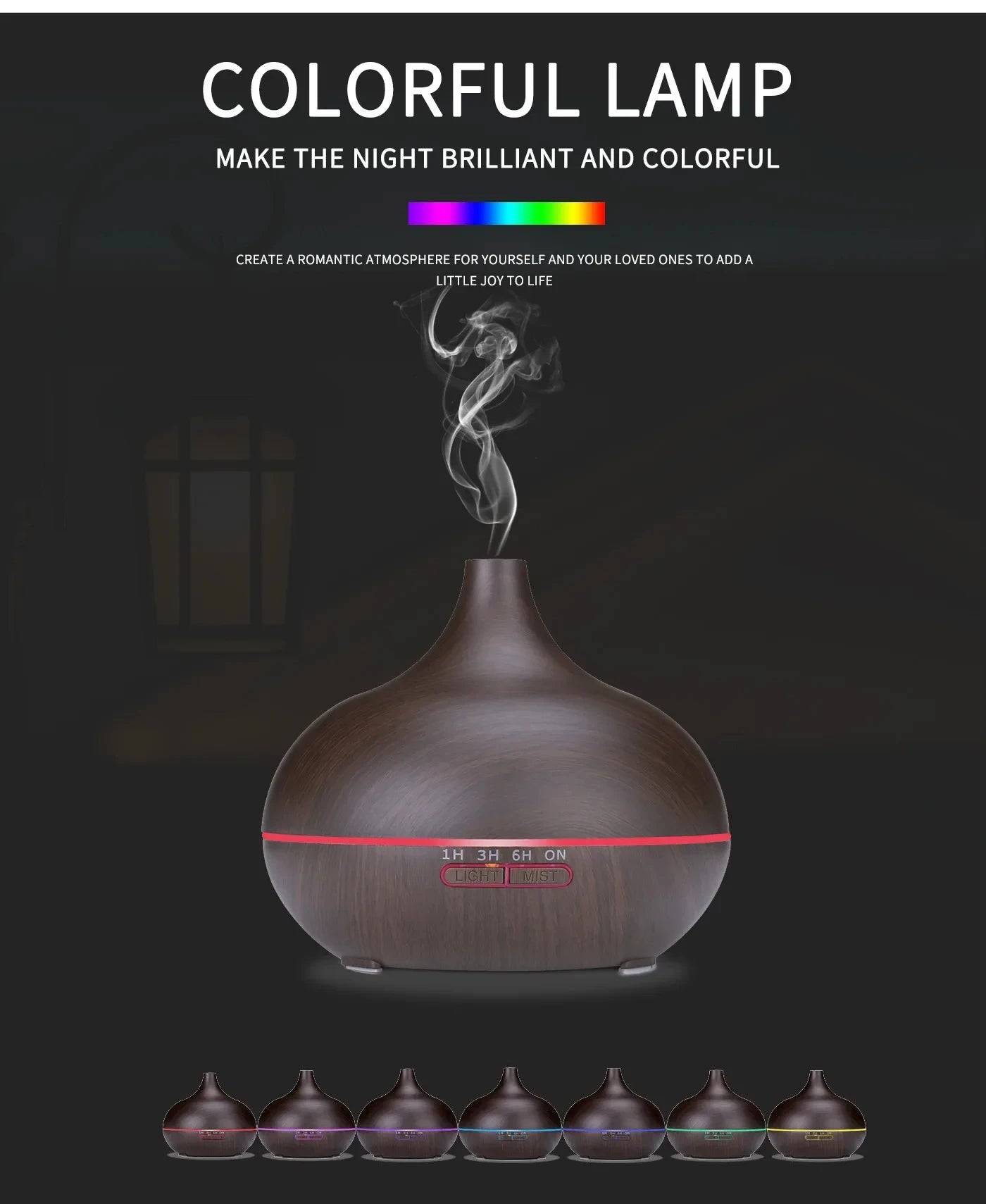 Air Humidifier Aromatherapy Essential Oil Diffuser Wood Grain 500ml Ultrasonic Remote Control 7 Color Lights For Home Bedroom ﻿