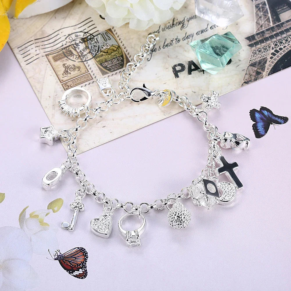 Fashion 925 Sterling Silver Bracelet for Woman Pretty Heart Zircon Pendant Chain Wedding Party Gifts Classic Jewelry 20CM 8inch