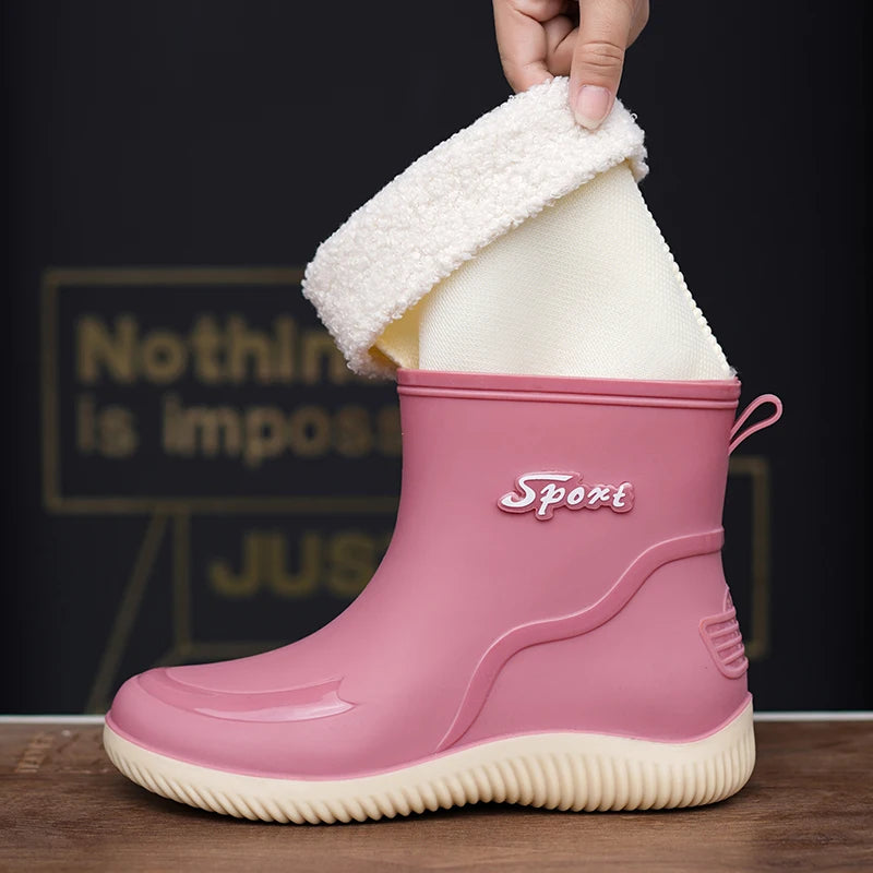 2024 New Women's Rain Shoes Winter Cotton and Velvet Medium Tube Rain Boots Work Non-slip Fashion Rubber Shoes Adult Water Shoes