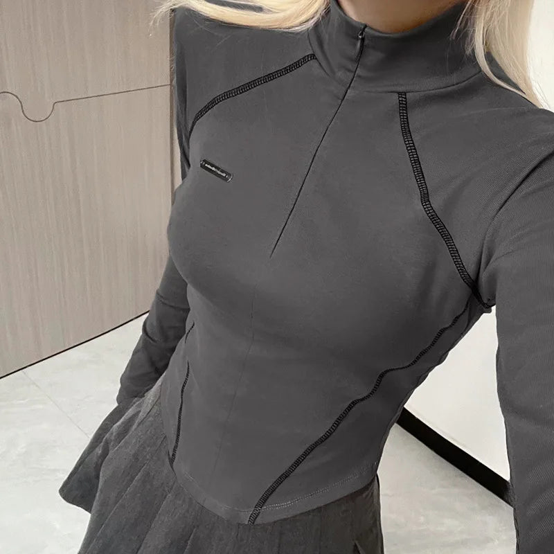 Casual Zip Up Turtleneck Crop Top Stitched Long Sleeve Skinny T-shirts y2k Aesthetic Streetwear Harajuku Women Clothing