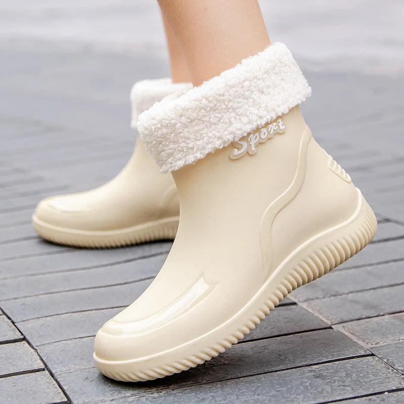 2024 New Women's Rain Shoes Winter Cotton and Velvet Medium Tube Rain Boots Work Non-slip Fashion Rubber Shoes Adult Water Shoes