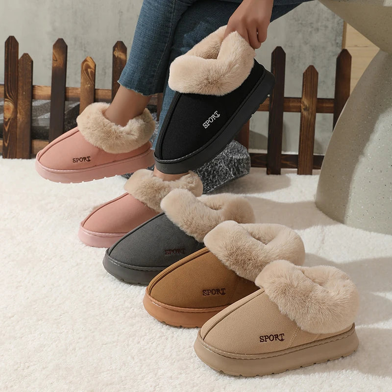 2024 Pink Faux Fur Winter Boots Women New Faux Suede Short Plush Snow Boots Woman Non Slip Thick Bottom Cotton Padded Shoes 45