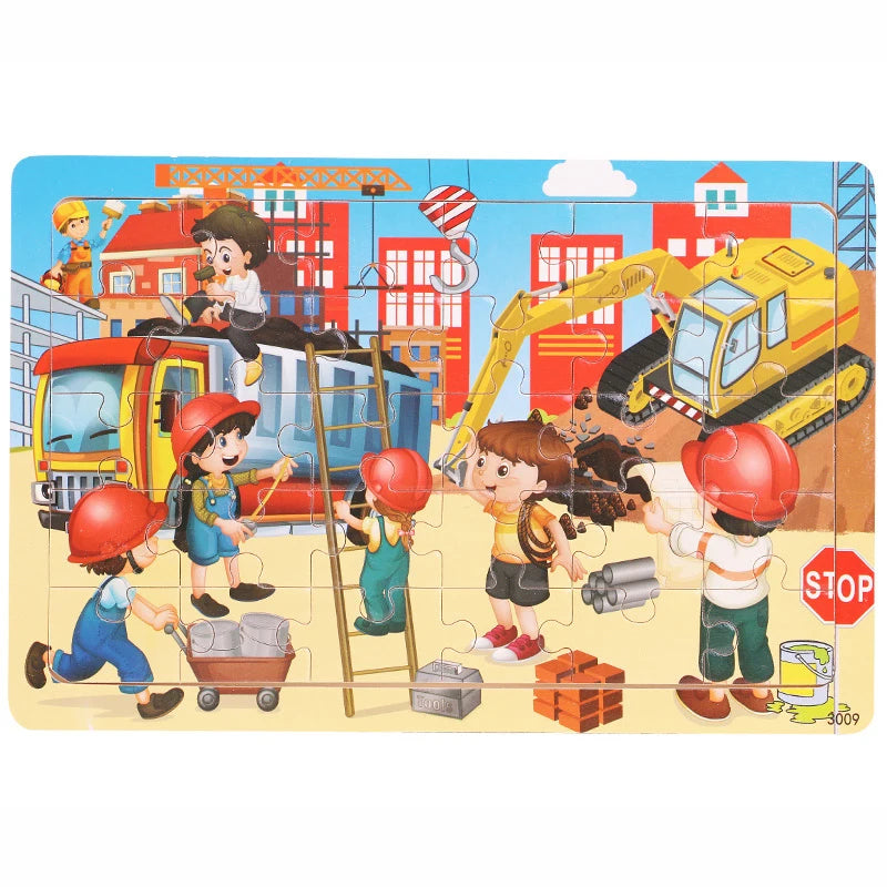 30 Pieces Wooden Jigsaw Puzzle Kids Cartoon Animal Vehicle Puzzles Games Baby Early Learning Educational Toys for Children