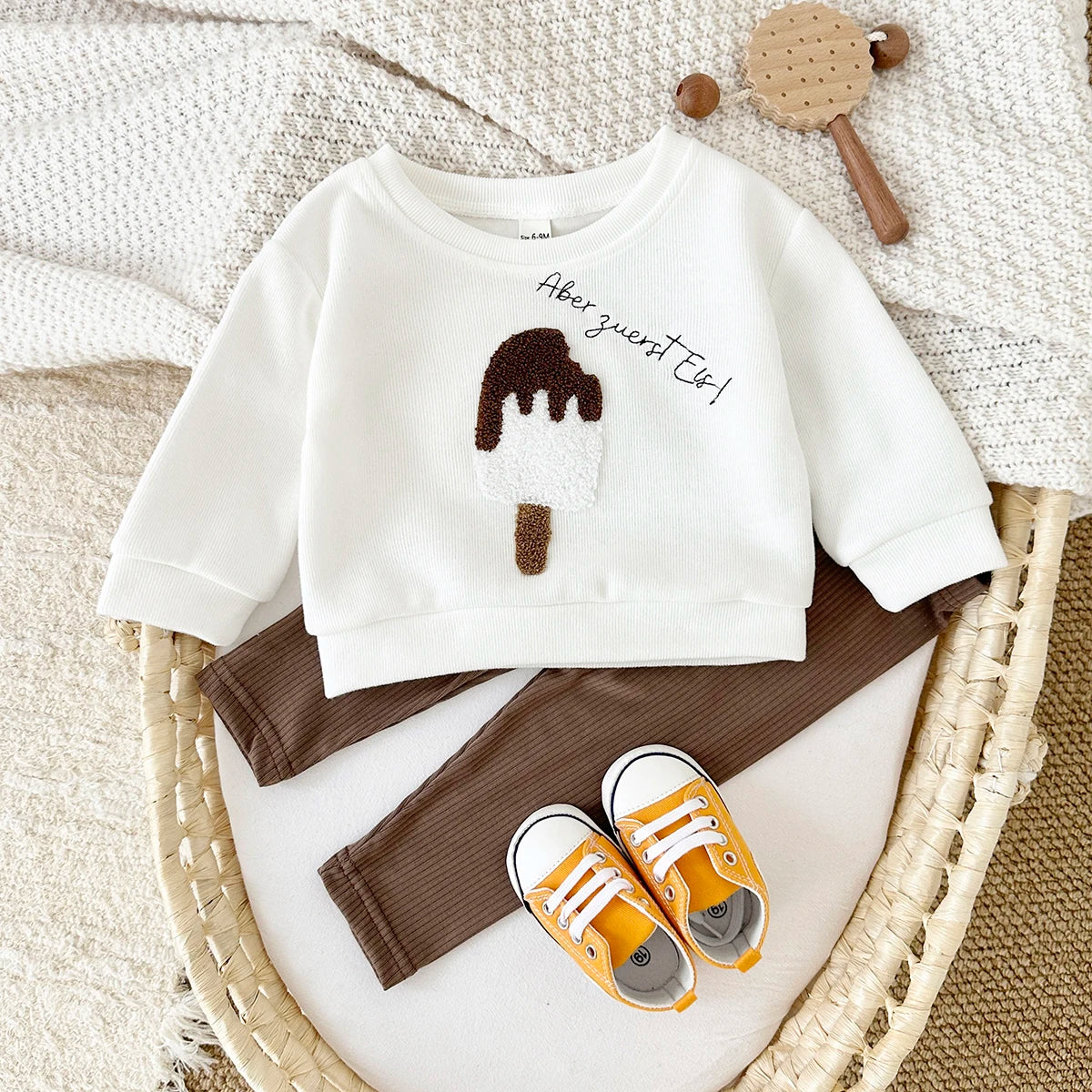 2PCS Boys Baby Infant Suit Fall Children's Top Cute Popsicle Embroidery Spring Baby Outfit Set Long Sleeve Girl Kids Clothes