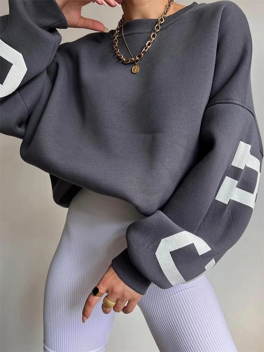 wsevypo Back Letters Print Oversized Sweatshirts Women Casual Thickened Warm Pullovers Long Sleeve Tops Autumn Winter Streetwear