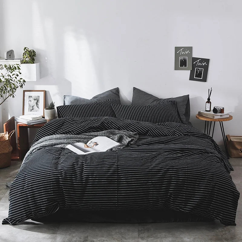 3 Pieces Modern Bedroom Decor 100% Cotton Black White Striped Duvet Cover and Pillowcases Men Couple's Bedding Queen King Size