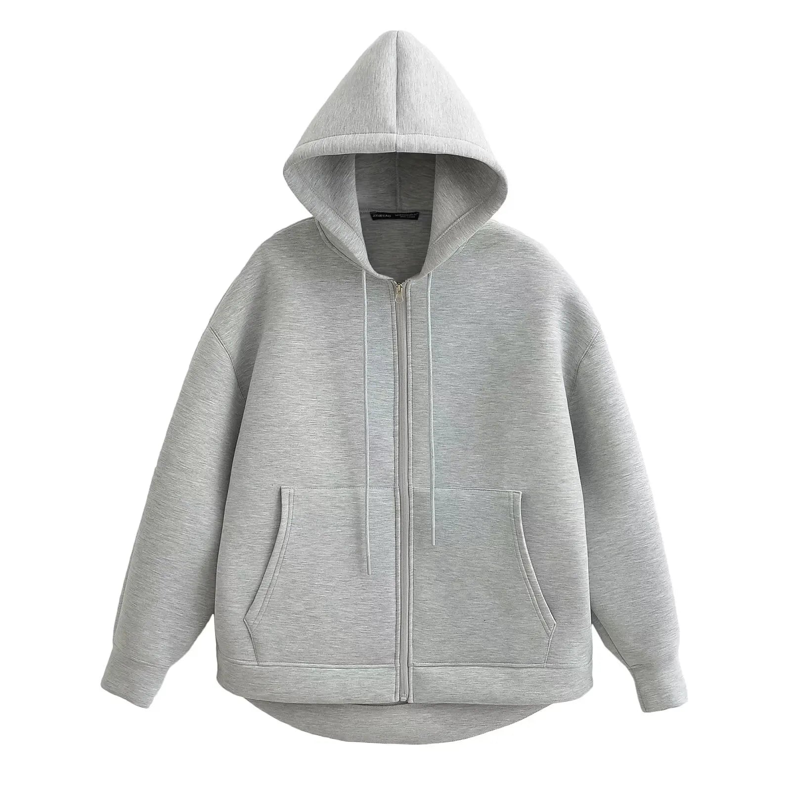 TRAFZA Autumn Women Gray Jacket With Hood Long Sleeve Big Pocket Zipper Jacket Coat Woman Loose Casual Outerwear Coat Tops