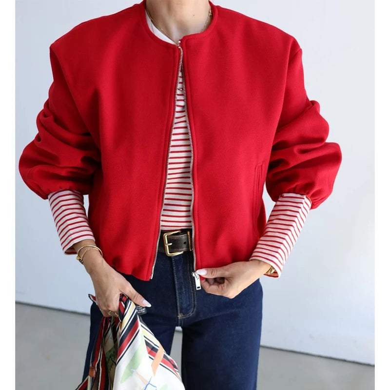 TRAF Red Zipper Bomber Jackets for Women Soft Cropped Jackets Woman 2024 Long Sleeve Woman's Sports Jacket New in Outerwears