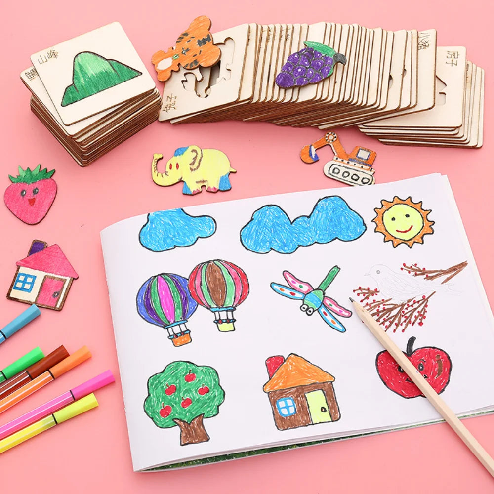 20pcs Montessori Kids Drawing Toys Wooden DIY Painting Template Stencils Learning Educational Toys for Children Wooden Toy Gift