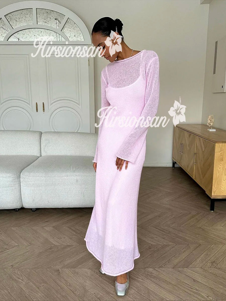 Hirsionsan Spring Autumn O-Neck Elastic Knit Long Dresses Women 2024 Elegant Chic Soft Lady Hollowing Sweater Dresses Femme New