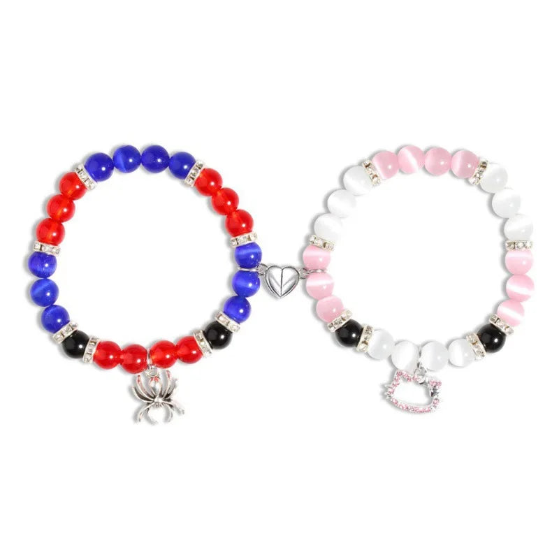 2Pcs/Set Pink Color Hello Cat Beaded Bracelets for Women Heart Magnetic Matching Couple Bracelets Girls Festival Jewelry Gifts