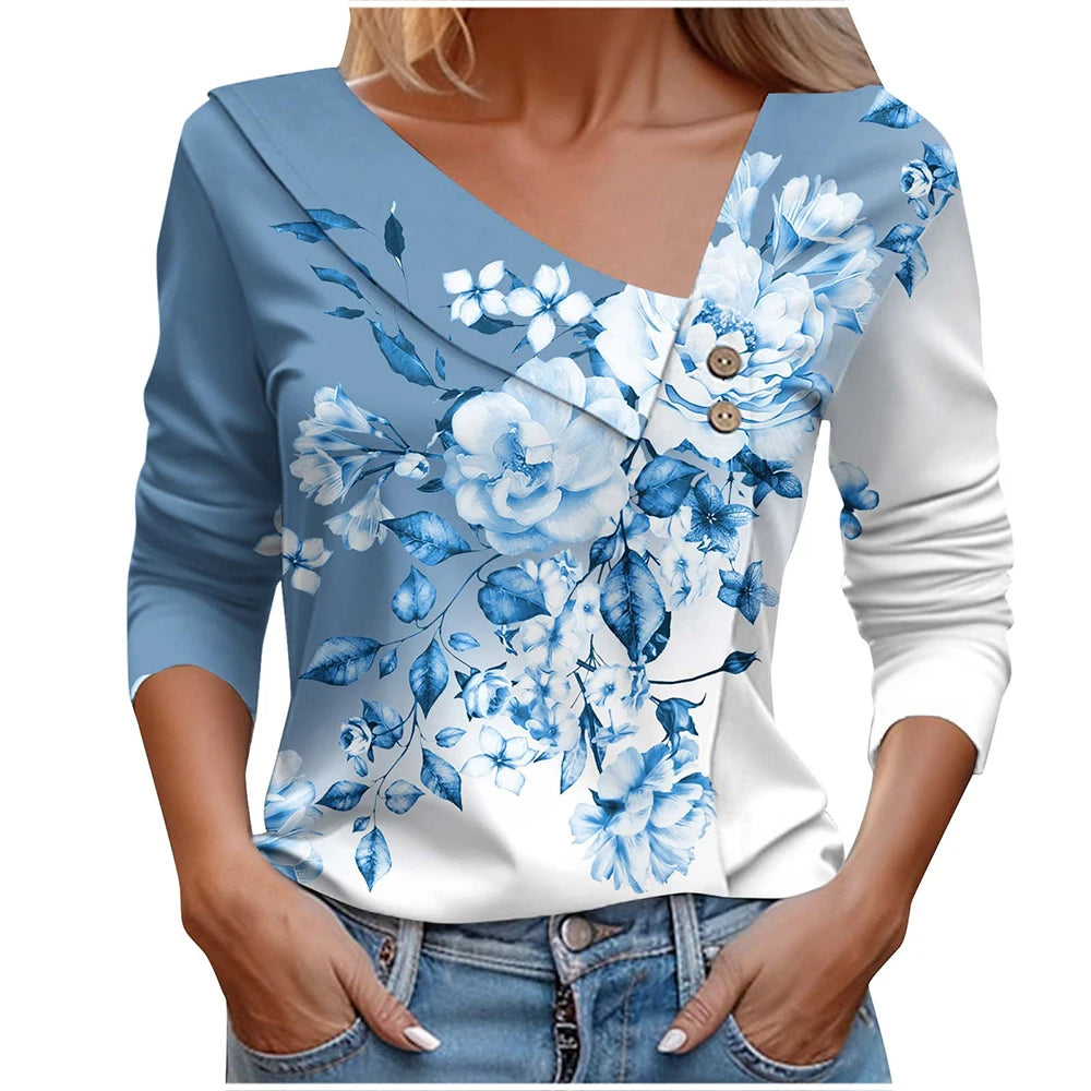 T Shirt For Women Fashion Long Sleeve Top White Floral Print Shirts And Blouses Autumn Winter Clothes For Women