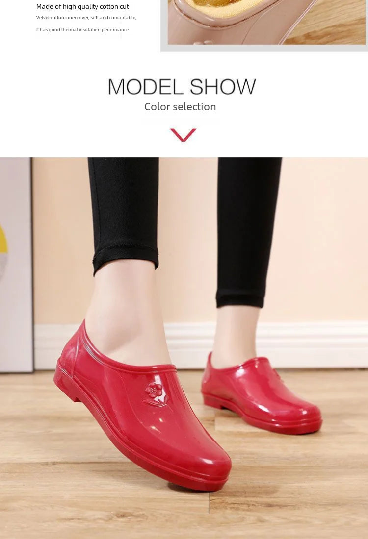 Spring Autumn Four Seasons Waterproof Anti-slip Low Heel Women Rain Boots Tube Light Pocket Kitchen Work Outdoor Rubber Boots