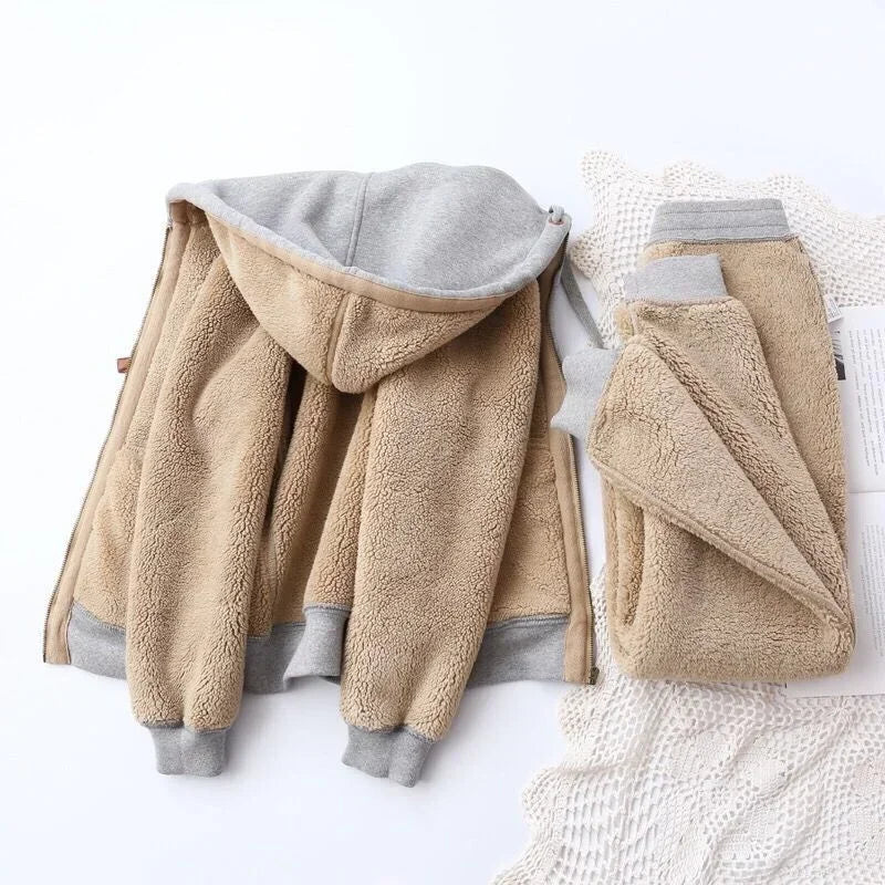 Winter Thicken Fleece Sweatshirts Hoodies Women Two-piece Suit Casual Sports Sets Female Short Coat Straight Pants 2-piece Sets