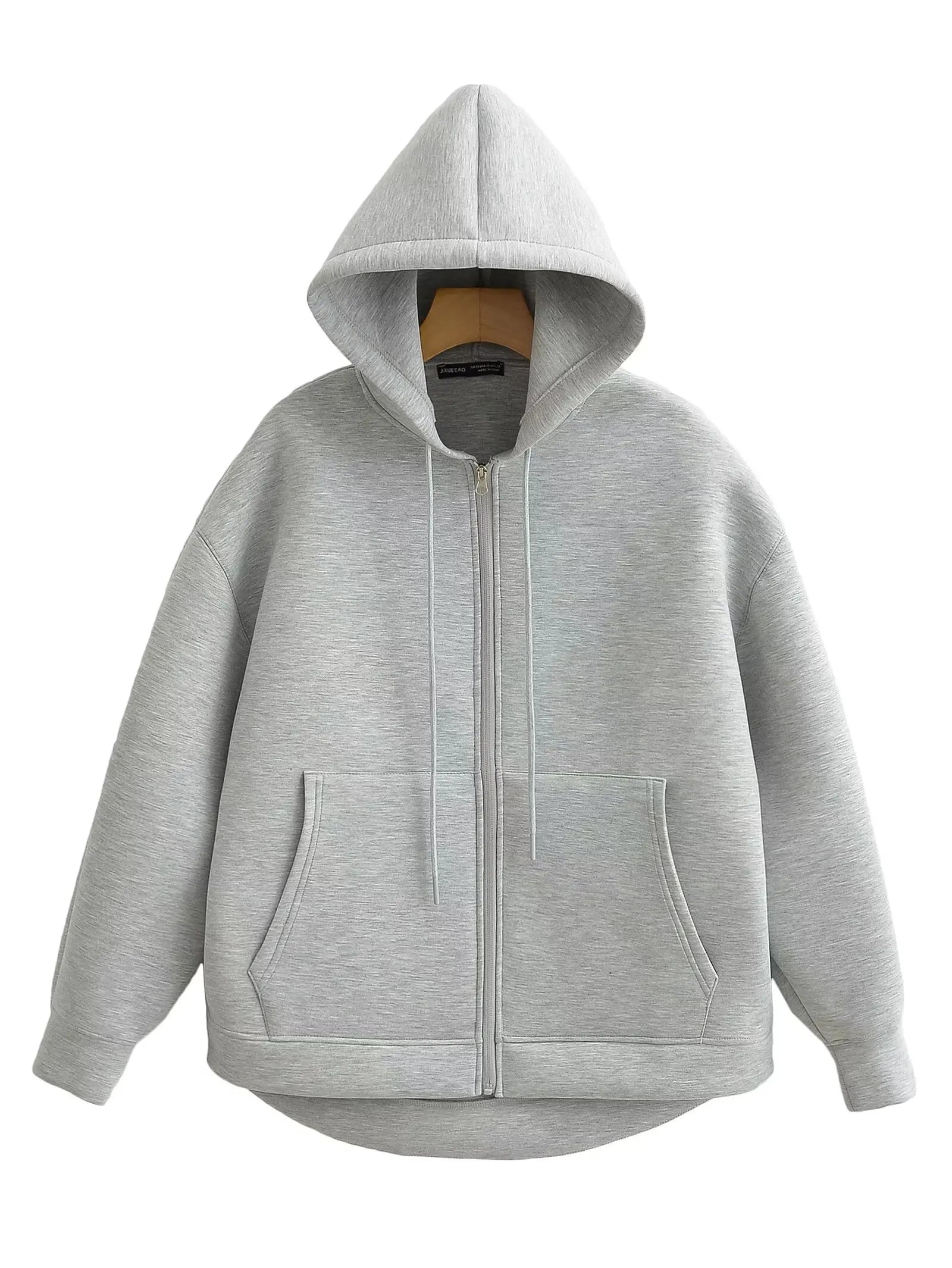 TRAFZA Autumn Women Gray Jacket With Hood Long Sleeve Big Pocket Zipper Jacket Coat Woman Loose Casual Outerwear Coat Tops