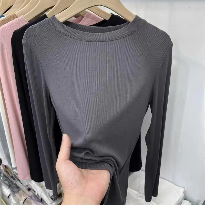 Autumn Office Lady Basic O-Neck Slim T-Shirt Women Solid Multi Color All-Match Trend Casual Top Screw Thread Long Sleeve Elastic