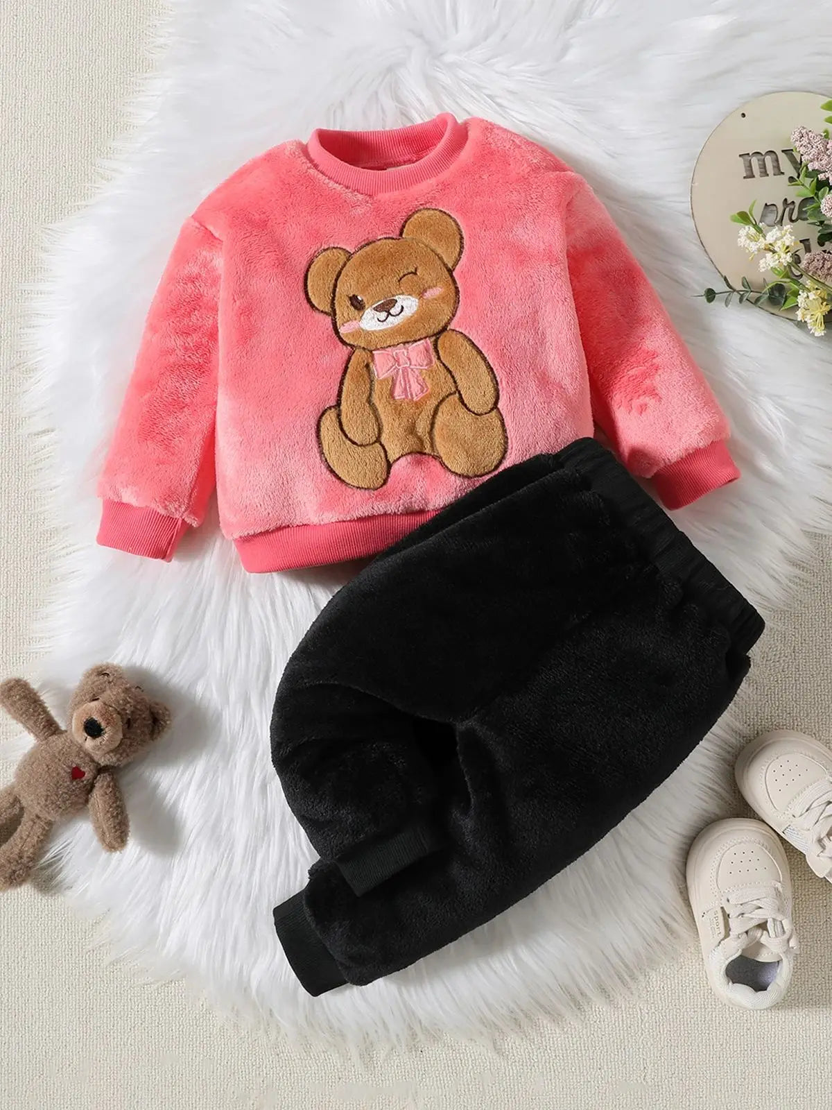 2PCS Kids Coral Plush Cute Teddy Bear Hoodie Autumn Winter Warmth Set Boys Girls Children Babies Warm Costume Suit 0-24M