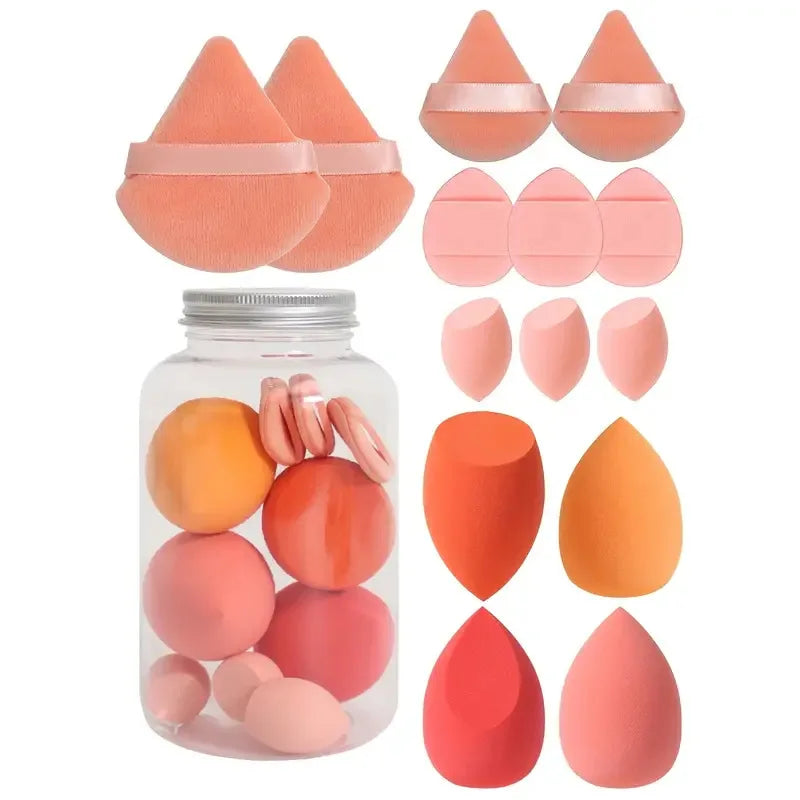 Makeup Sponge Set 14Pcs - Velvet Beauty Blenders, Finger Puff & Storage Jar