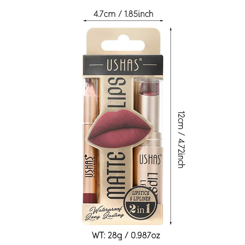 USHAS 12-Color Matte Lipstick & Liner Set - Long-Lasting, Waterproof, Non-Stick