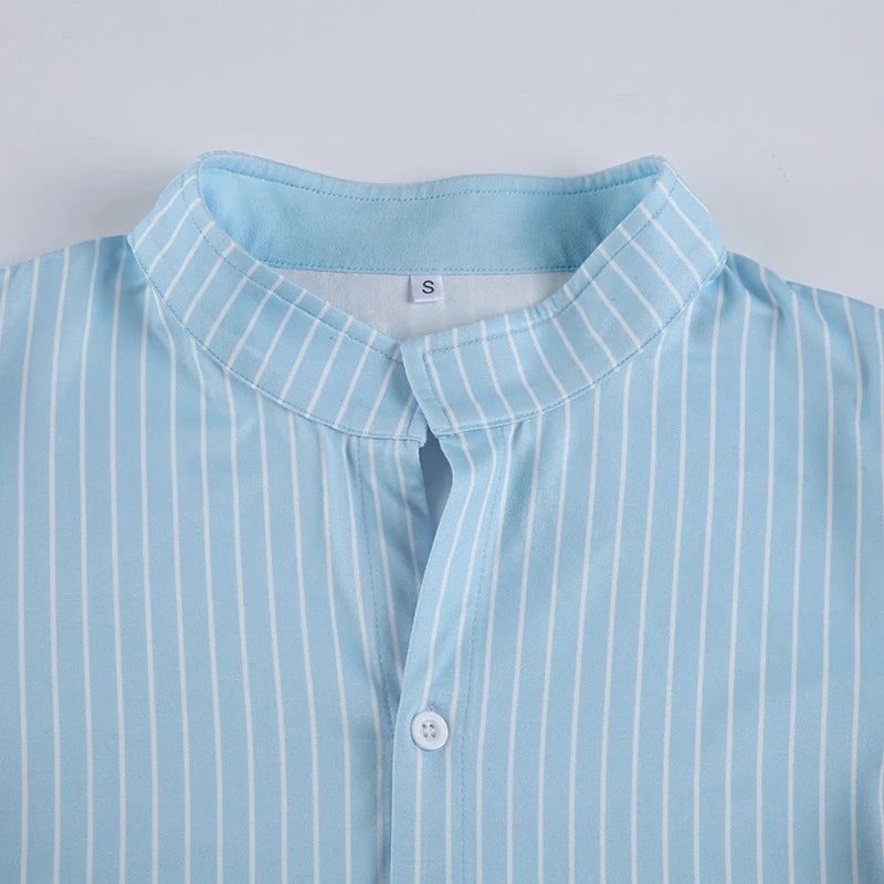 Sweetown Blue Stripe Short Sleeve Shirts For Women Button Up Turn Down Collar Slim Simple Casual Preppy Tops Basic Summer Tees