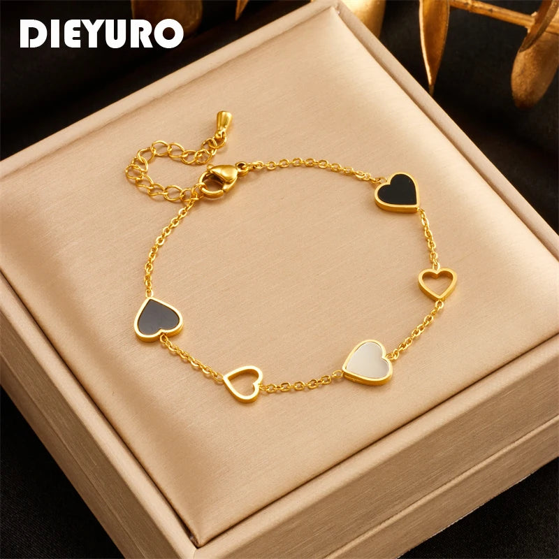 DIEYURO 316L Stainless Steel Heart Love Charm Bracelet For Women Girl New Trend Bangles Non-fading Jewelry Birthday Gift Party