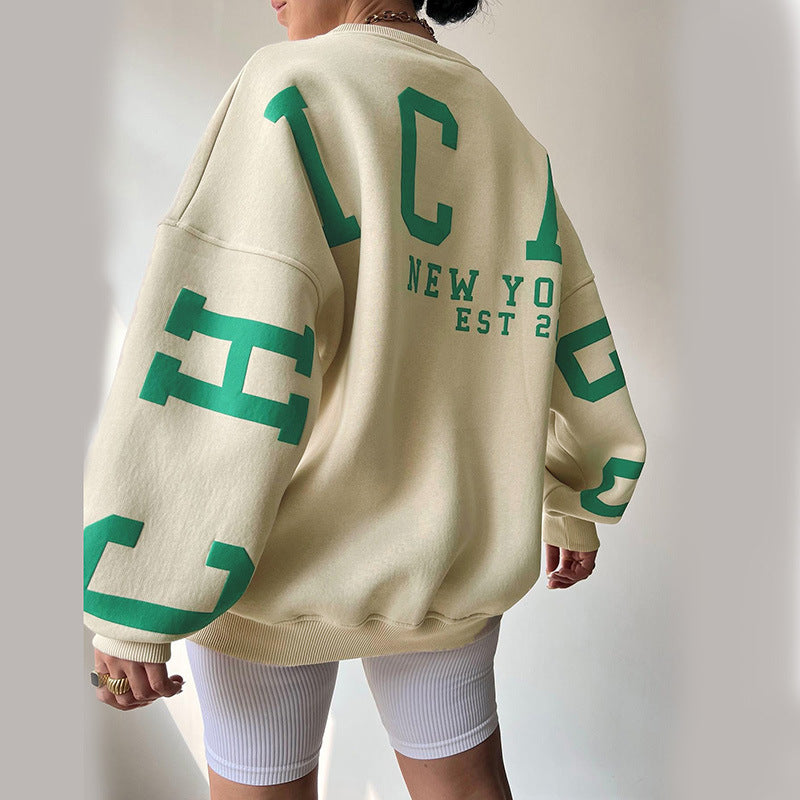 wsevypo Back Letters Print Oversized Sweatshirts Women Casual Thickened Warm Pullovers Long Sleeve Tops Autumn Winter Streetwear