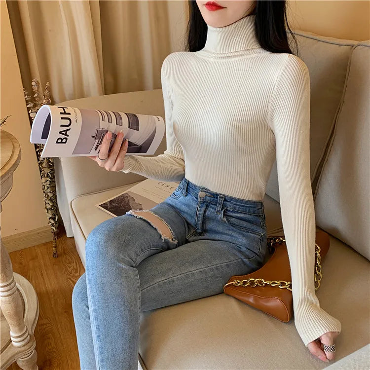 2024 Autumn Winter Women Long Sleeve Knitted Foldover Turtleneck Ribbed Pull Sweater Soft Warm Femme Jumper Pullover Clothes