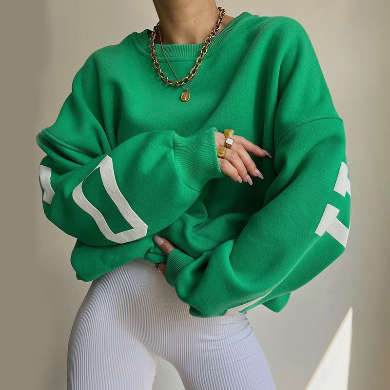 wsevypo Back Letters Print Oversized Sweatshirts Women Casual Thickened Warm Pullovers Long Sleeve Tops Autumn Winter Streetwear