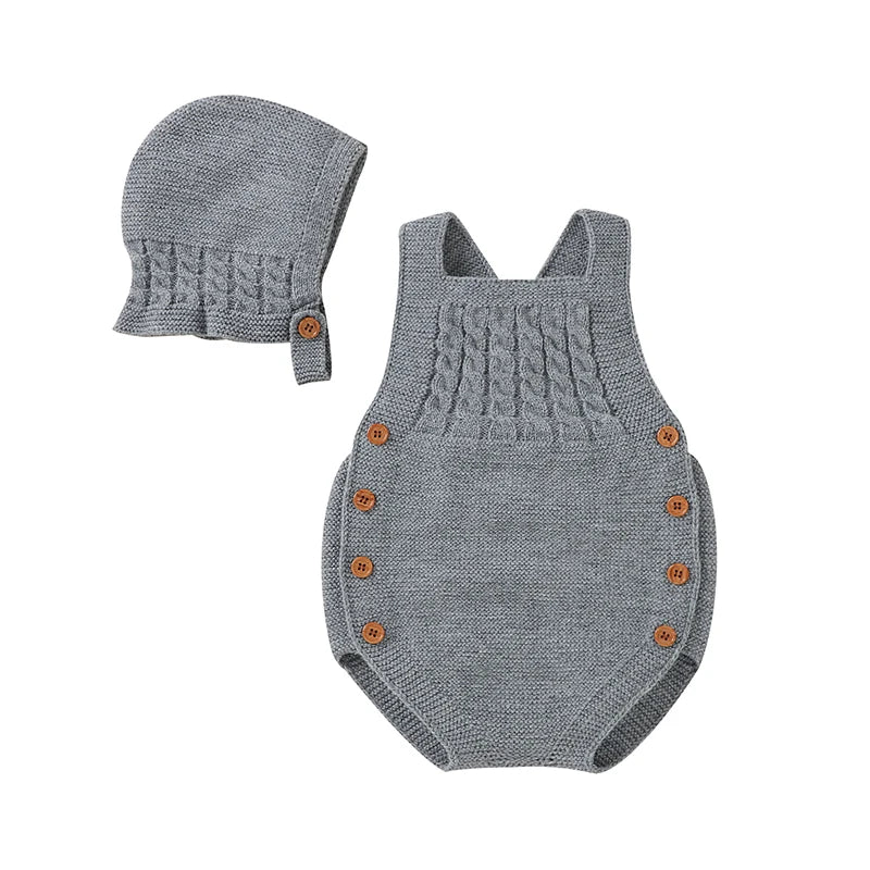 Baby Bodysuits Clothes Spring Autumn Sleeveless Knitting Newborn Boys Girls Solid Onesie Hats Sets 2pcs Infant Coveralls Outfits