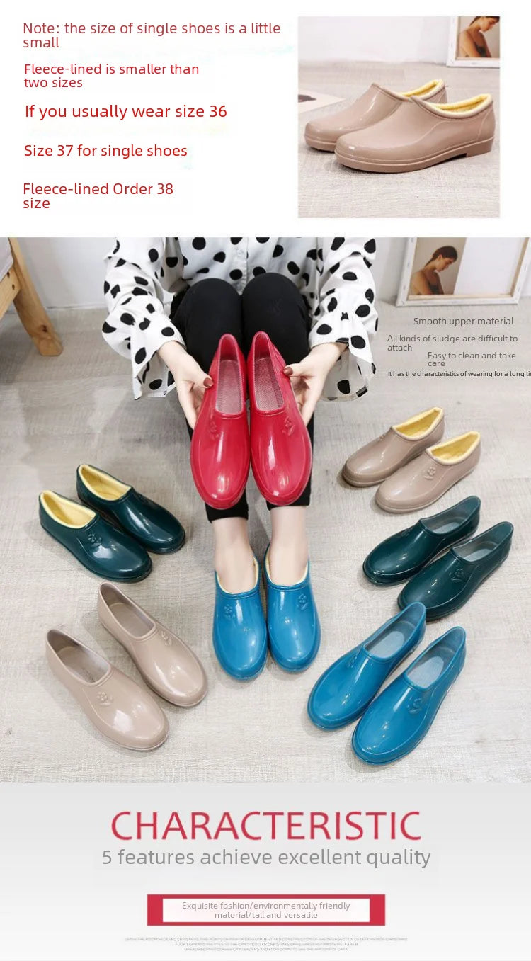 Spring Autumn Four Seasons Waterproof Anti-slip Low Heel Women Rain Boots Tube Light Pocket Kitchen Work Outdoor Rubber Boots