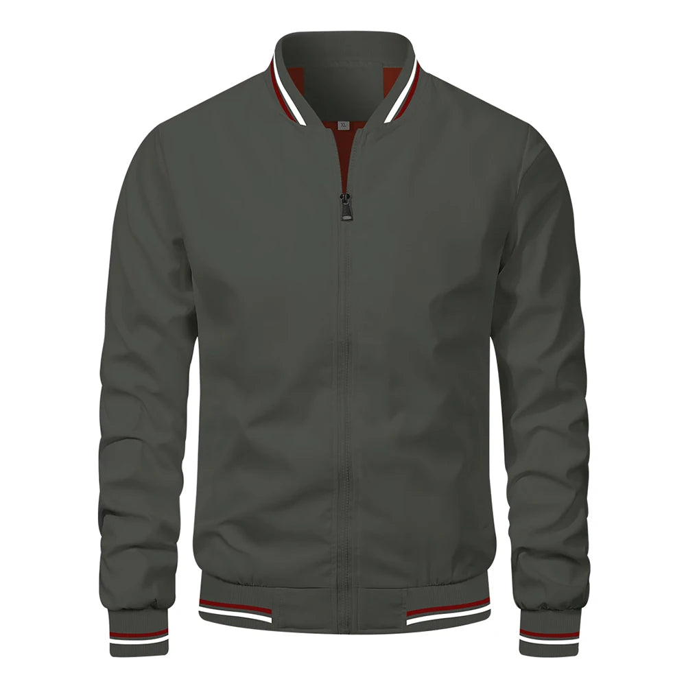 Men's Autumn Bomber Jacket - Solid Color Casual Baseball Style Outerwear