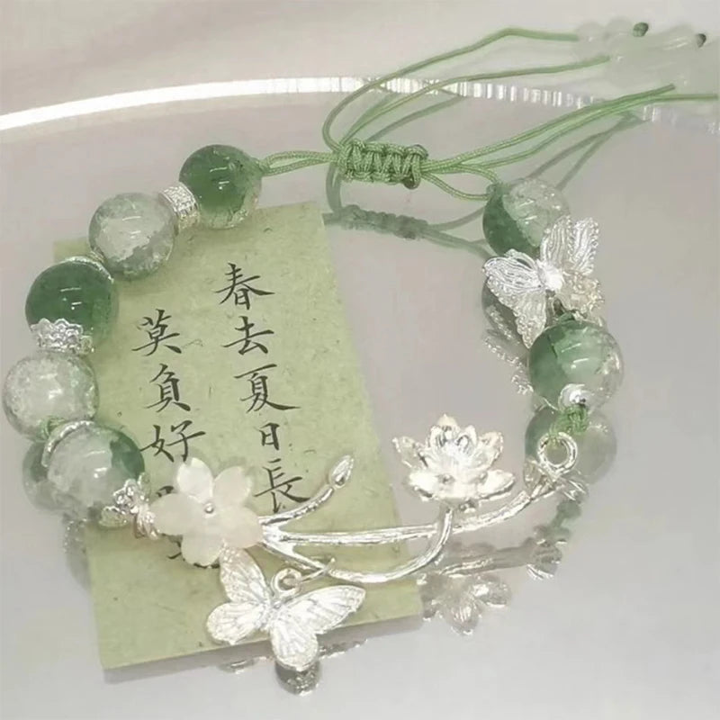 Chinese Style Imitation Jade Lotus Beaded Bracelet For Women Jewelry Gift Fashion Design Butterfly Pendant Bracelet