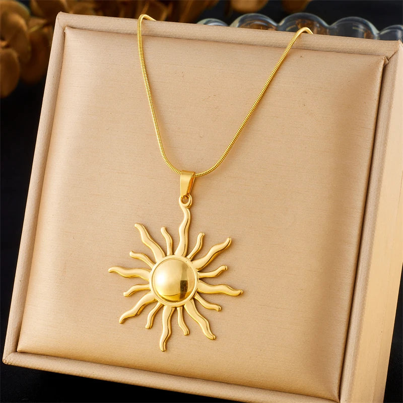 DIEYURO 316L Stainless Steel Golden Fashion Sun Pendant Necklace For Women Girl 2024 New Concise Solar Neck Chain Jewelry Gift