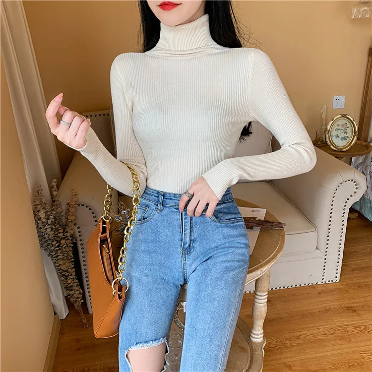 2024 Autumn Winter Women Long Sleeve Knitted Foldover Turtleneck Ribbed Pull Sweater Soft Warm Femme Jumper Pullover Clothes